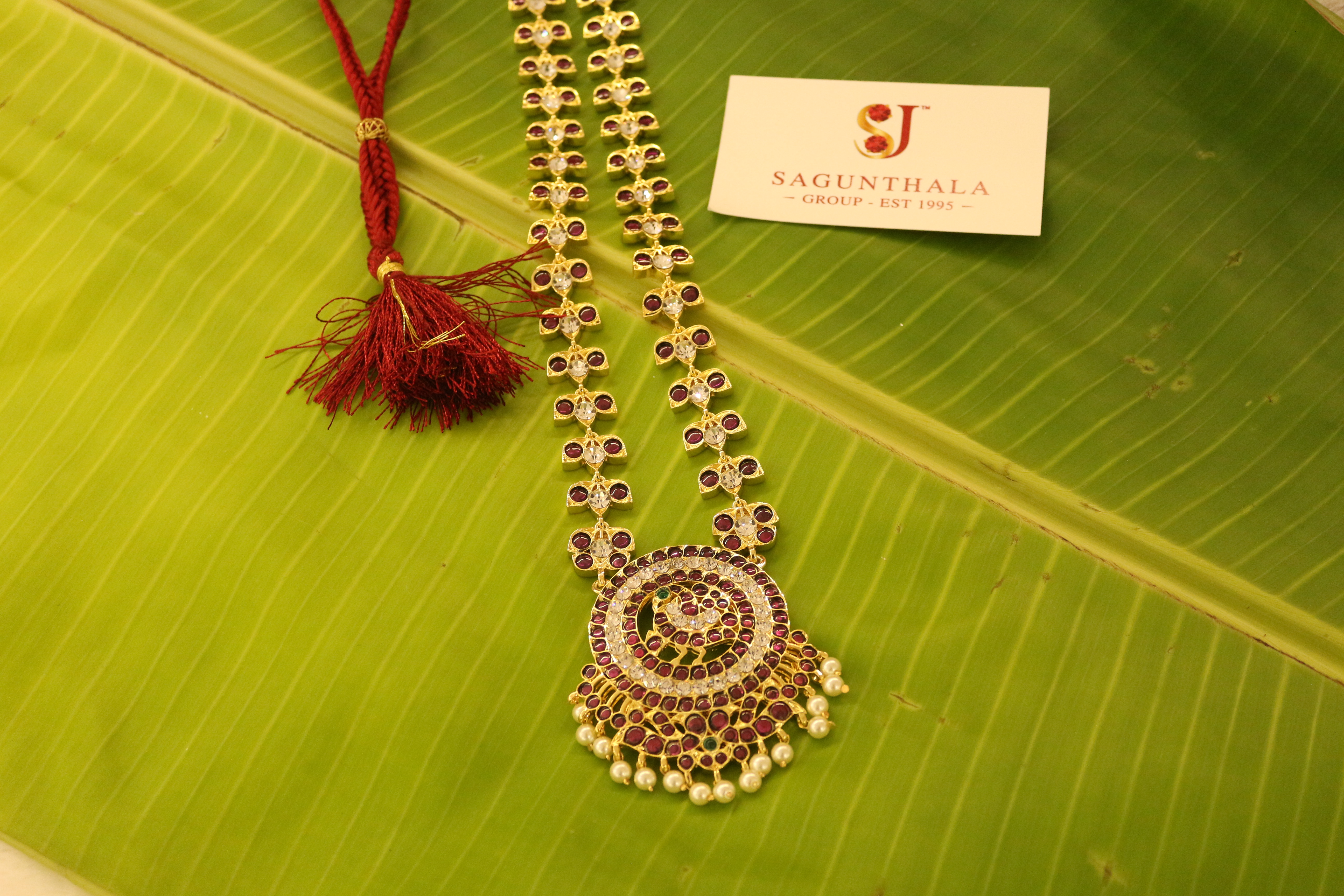 Peacock Pendant with Leaf Pattern Kempu & CZ Stone Haram