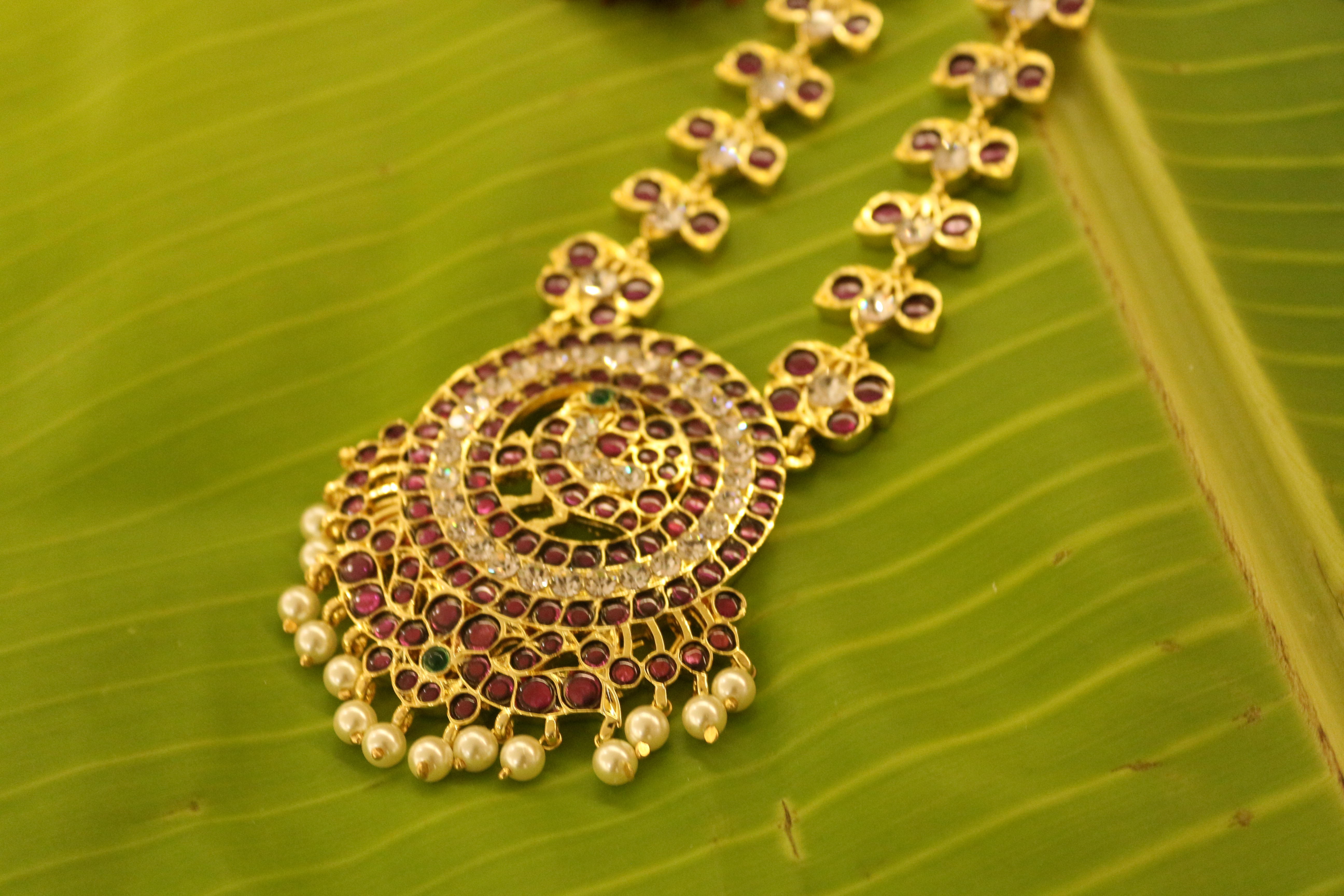 Peacock Pendant with Leaf Pattern Kempu & CZ Stone Haram