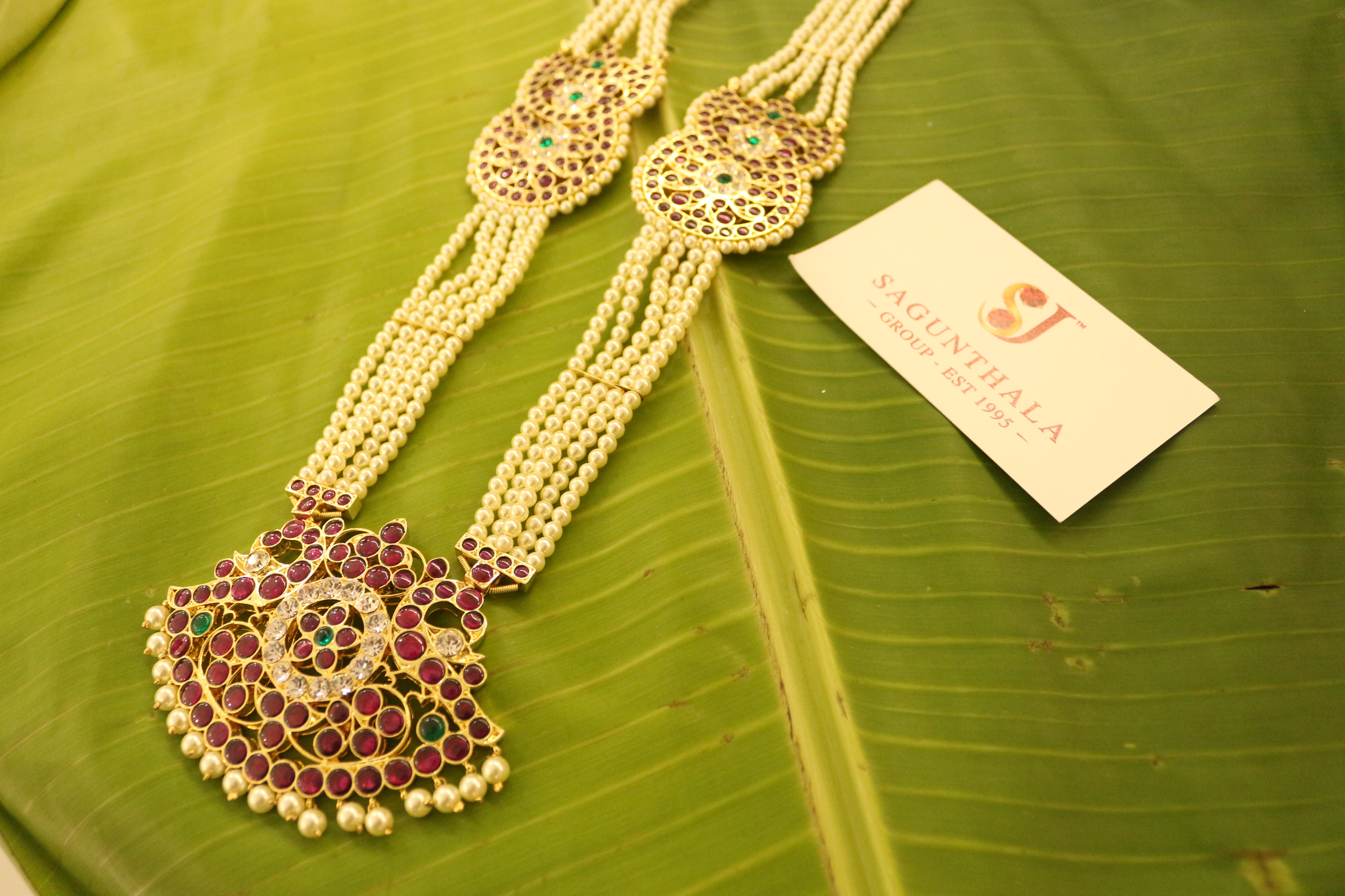 5-Line Pearl Pathakam Mid Sun Moon Haram with CZ Stones