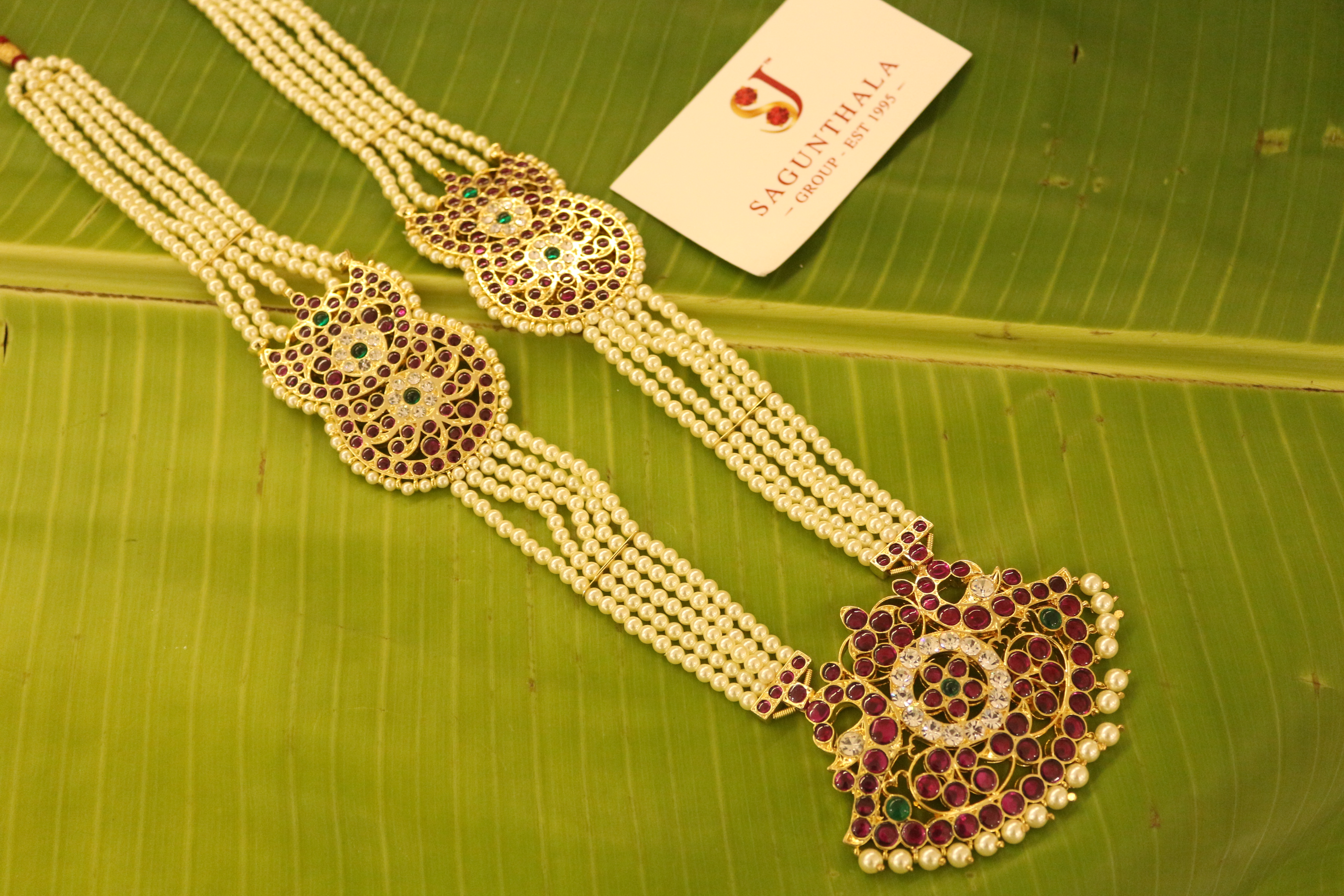 5-Line Pearl Pathakam Mid Sun Moon Haram with CZ Stones