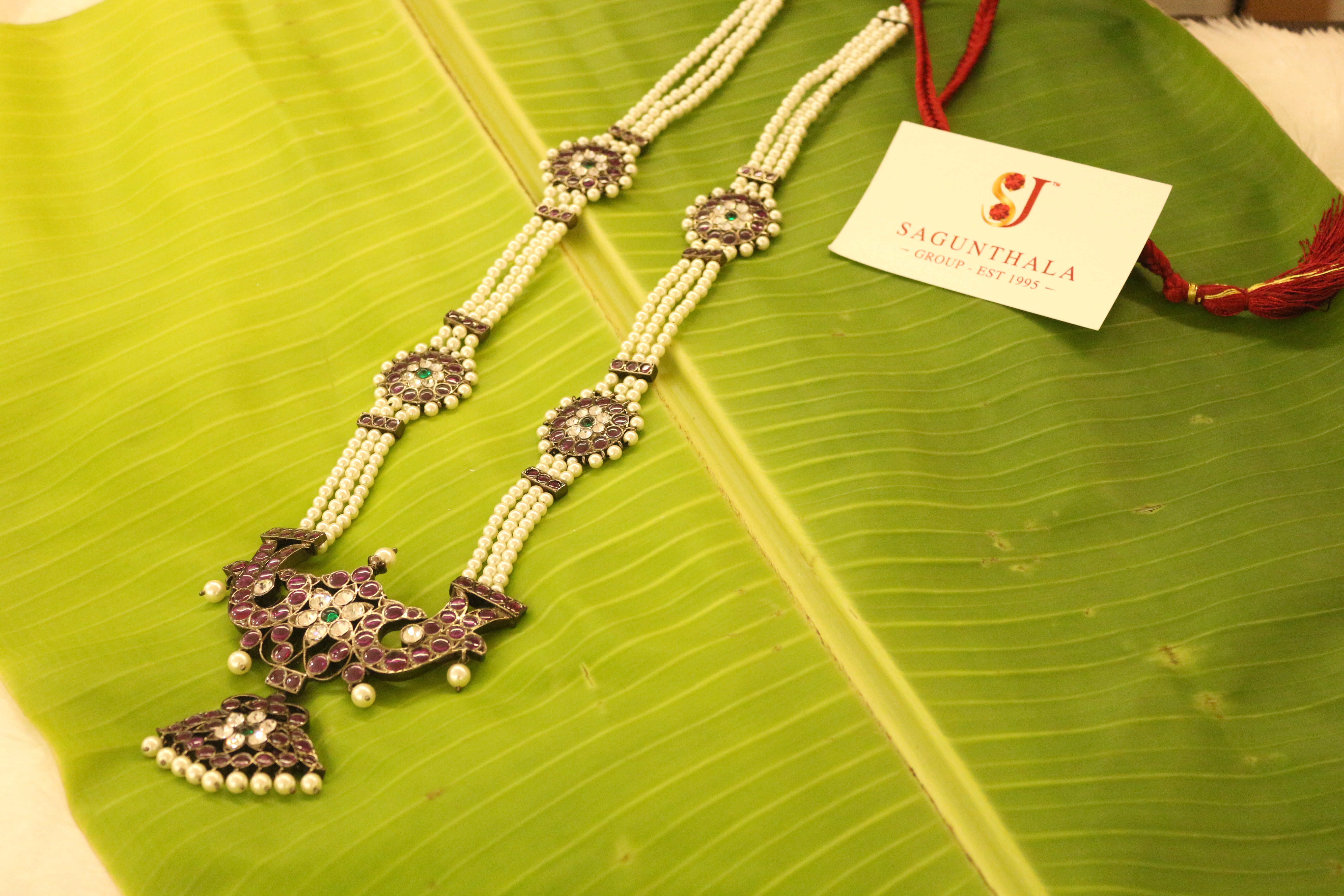 Black Antique Magari Pendant with 3-Line Pearl Sun Pattern Haram